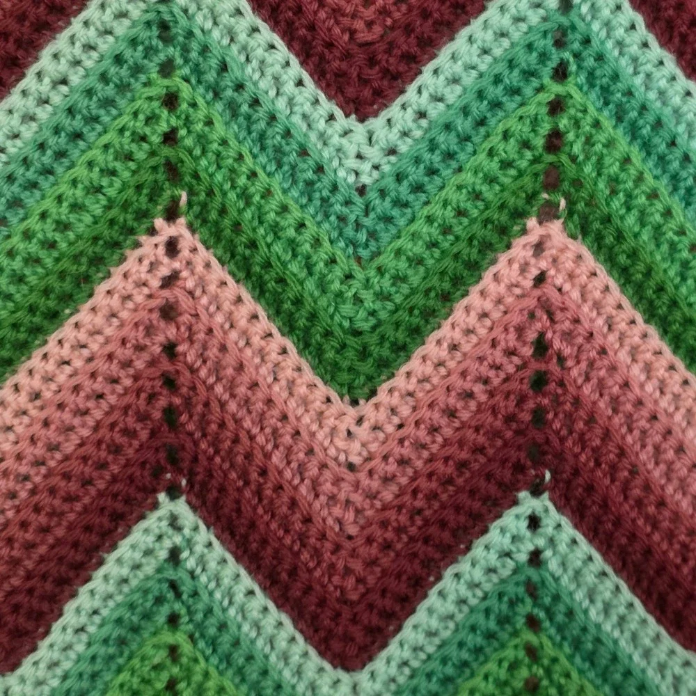 Handmade Crochet Chevron Afghan Blanket Earth Tones Green Raspberry Throw 44x68